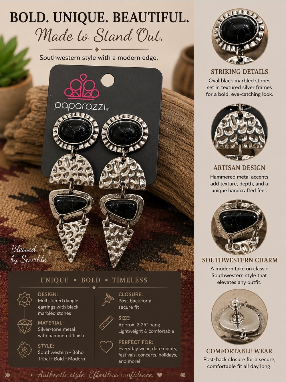 paparazzi Silver-Tone Dangle Earrings with Black Marbled Accents